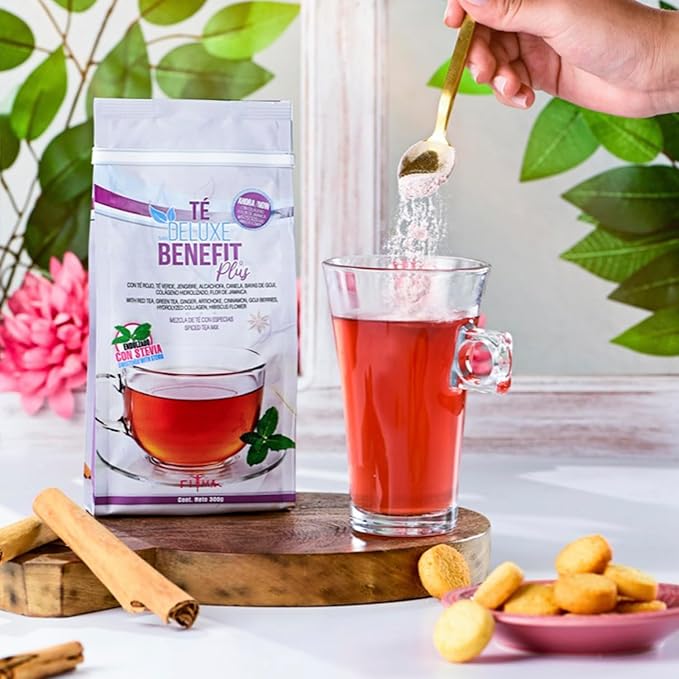 Té Deluxe Benefit Plus – Premium Herbal Tea Blend with Green &amp Red Tea Ginger Artichoke Hibiscus &amp Spices. Natural Flavor Stevia Sweetened - 60 Servings
