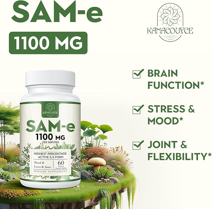 1100mg SAM-e (S-Adenosyl-L-Methionine) SAM e Supplement for Mood Joint &amp Liver Highest Concentration of Active SS Form Same Vegan 60 Tablets