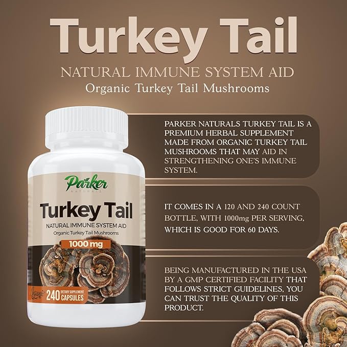 Parker Naturals Turkey Tail Mushroom Capsules - Organic Mushroom Supplement for Immune System Health Support - 1000 mg Premium Mushroom Supplements - 240 Capsules