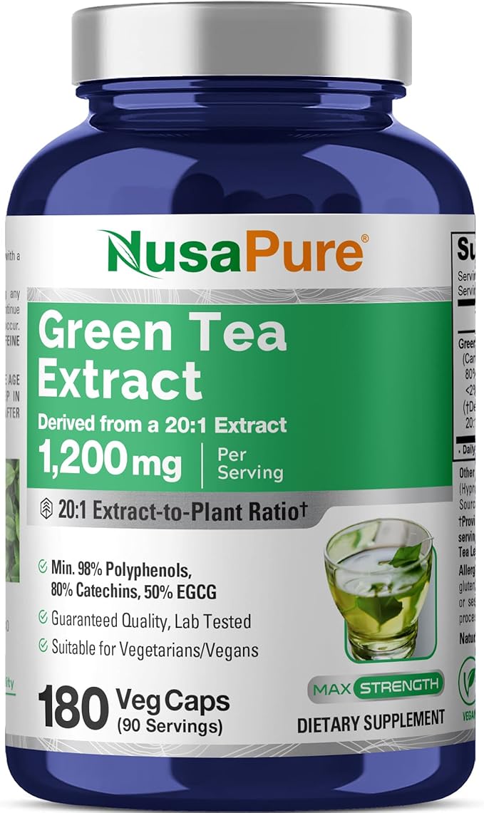 NusaPure Green Tea Capsules 1200 mg 180 Veggie Capsules (Non-GMO Vegan)