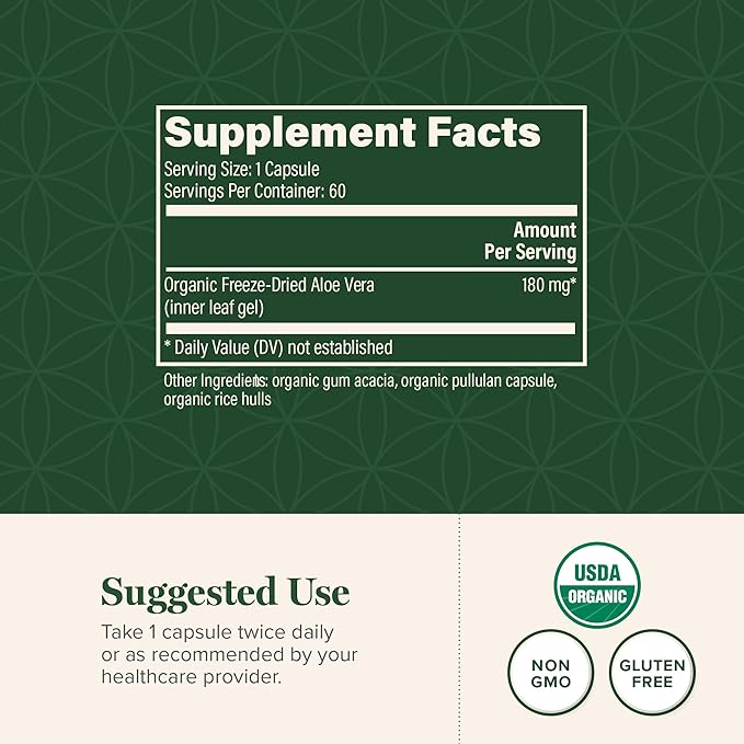 Global Healing Aloe Vera Bio-Active Organic Leaf Supplement - 200x Concentrate Formula with Highest Concentration of Acemannan - Aloin-Free - Gut Health &amp Immune Support - 60 Capsules (Pack of 2)