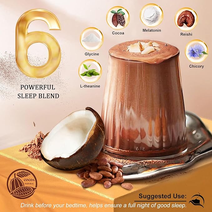 Mushroom Hot Cocoa Adaptogenic Mushroom with Reishi L-Theanine Chicory Melatonin &amp Glycine Melatonin Sleep Hot Cocoa Supplement for Sleep and Stress Support 25 Servings 1 Pack
