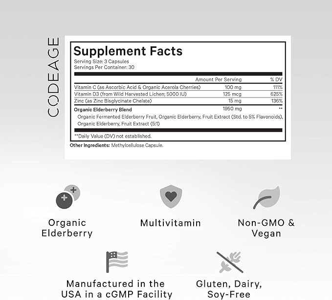 Codeage Elderberry Vitamins - Organic Fermented Elderberry Blend Vitamin C from Ascorbic Acid &amp Organic Acerola Cherries Vitamin D3 Zinc Sambucus Berries - 90 Capsules