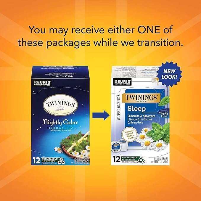 Twinings Nightly Calm Herbal Tea K-Cup Pods for Keurig - Sleep Tea Bedtime Caffeine-Free Tea Blend Soothing Chamomile Relaxing Spearmint Subtle Lemongrass Flavor 12 Count (Pack of 2)