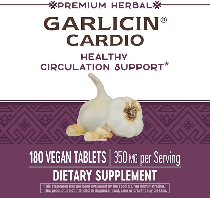 Nature's Way Garlicin Cardio Premium Herbal Supports Healthy Circulation* No Garlic Taste Vegan Garlic Supplements 180 Tablets (Packaging May Vary)
