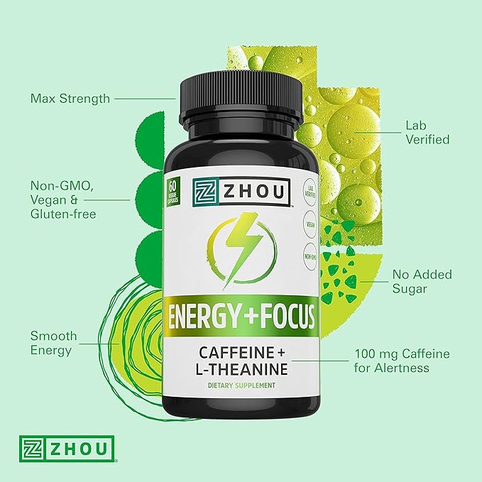 ZHOU Brain &amp Energy Support Bundle - Nootropic Brain Supplement for Memory &amp Focus 200mg L-Theanine &amp 100mg Caffeine Pills Natural Caffeine Boost - Energy + Focus (60 Caps) &amp Neuro-P