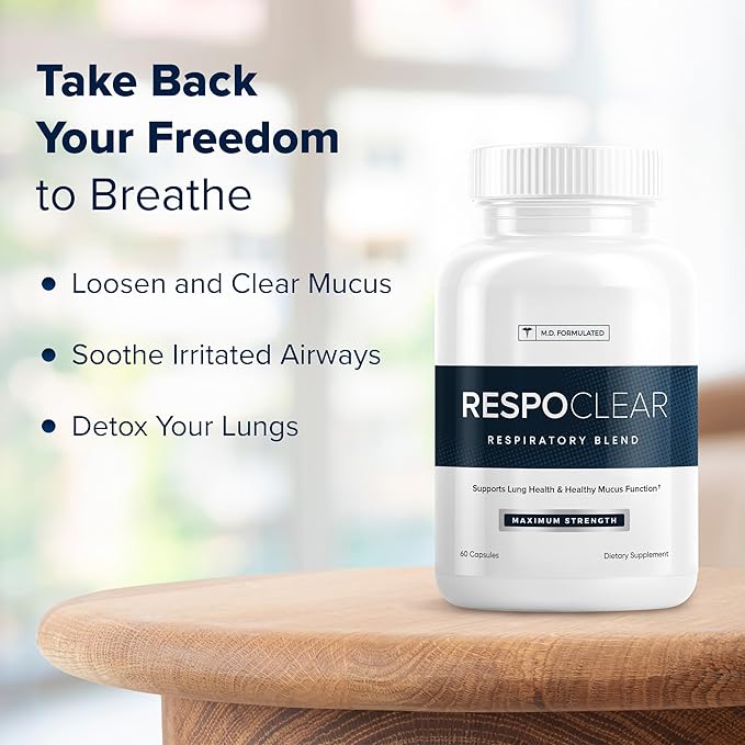 RespoClear (60 Caps): Respiratory Lung Health &amp Sinus Support Supplement - NAC Elderberry &amp Quercetin - Lung Detox for Smokers &amp The Pollution-Conscious - GMO-Free &amp Made in USA
