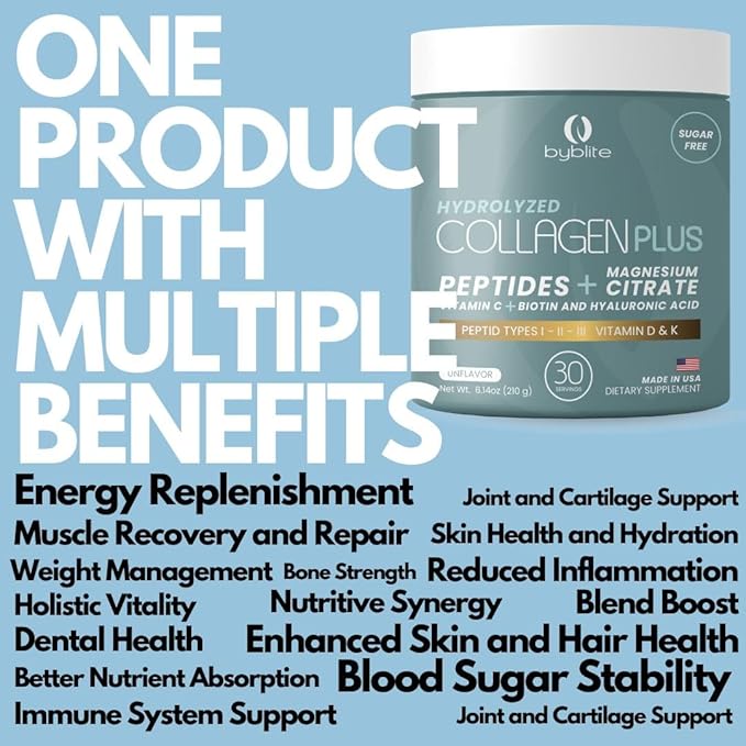 Colageno Hidrolizado para Mejorar Articulaciones + Citrato de Magnesio para tu Salud Digestiva + Peptidos IIIIII + Acido Hialuronico + Biotin + Vitamina C D y K y Fortalece Tus Uñas y Cabello
