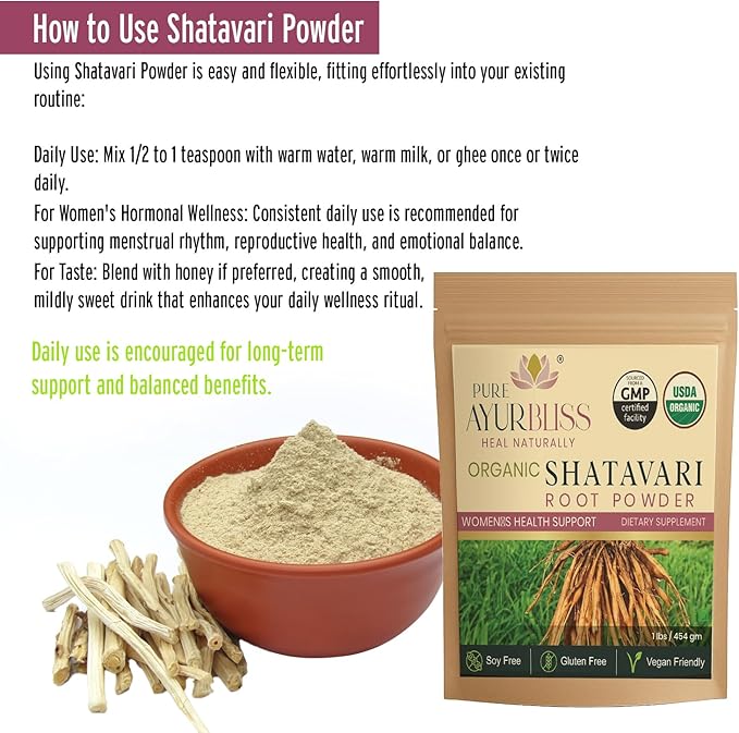 100% Organic Shatavari Root Powder for Hormonal Balance Menstrual Wellness Fertility Support and Daily Vitality for Women Traditional Ayurvedic Shatavari Powder - 16oz