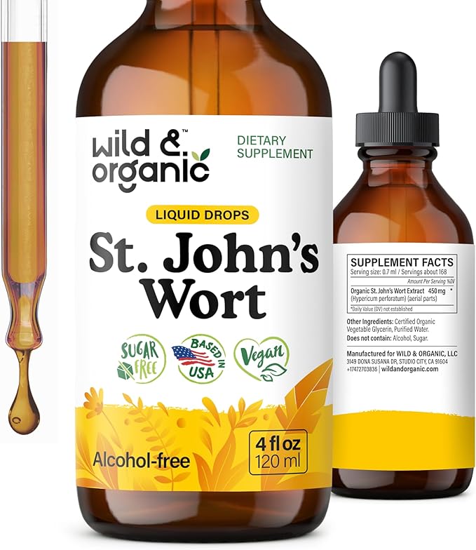 Wild &amp Organic St Johns Wort Tincture - Mood Support - Calming St John's Wort Supplement - Hypericum Perforatum Herbal Liquid Drops - Vegan Sugar &amp Alcohol Free - 4 fl oz