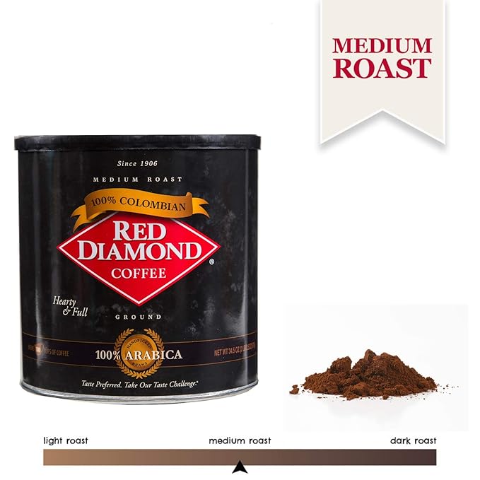 Red Diamond Ground Coffee 100% Colombian Medium Roast Premium Arabica Beans Hearty &amp Full Flavor 34.5 Ounce Resealable Can