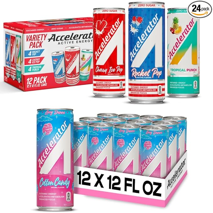Accelerator Active Energy Drink Sugar Free Zero Carbs – Variety Pack &amp Cotton Candy 12oz Can (12 Pack Each) with 200mg Natural Caffeine Ashwagandha CoQ10 &amp Green Tea for Focus &amp Energy