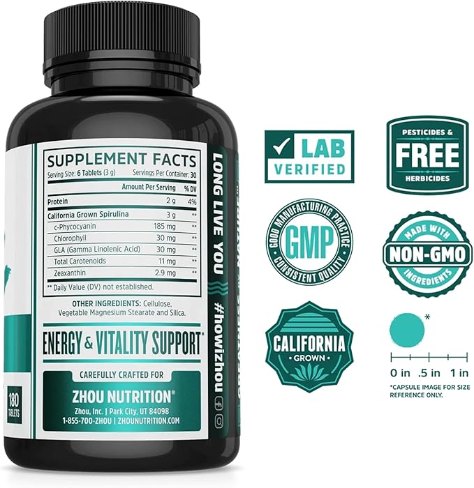 Zhou Spirulina Tablets - Spirulina Pills Greens Superfood Supplement with Chlorophyll &amp Blue Spirulina Powder Cognitive &amp Immune Support Pure Premium Formula - 180 Tablets