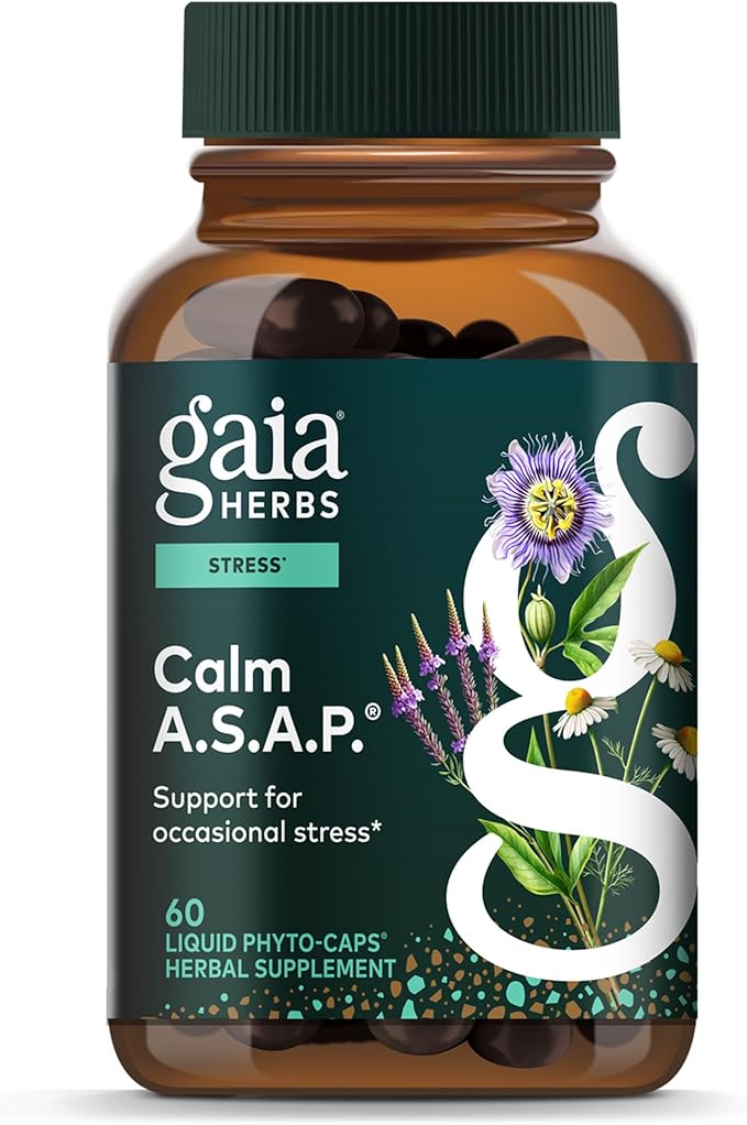 Gaia Herbs Calm A.S.A.P. - Stress Support Supplement with Skullcap Passionflower Chamomile Vervain Holy Basil &amp More - Supports Calm* - 60 Vegan Liquid Phyto-Caps (20 Servings)