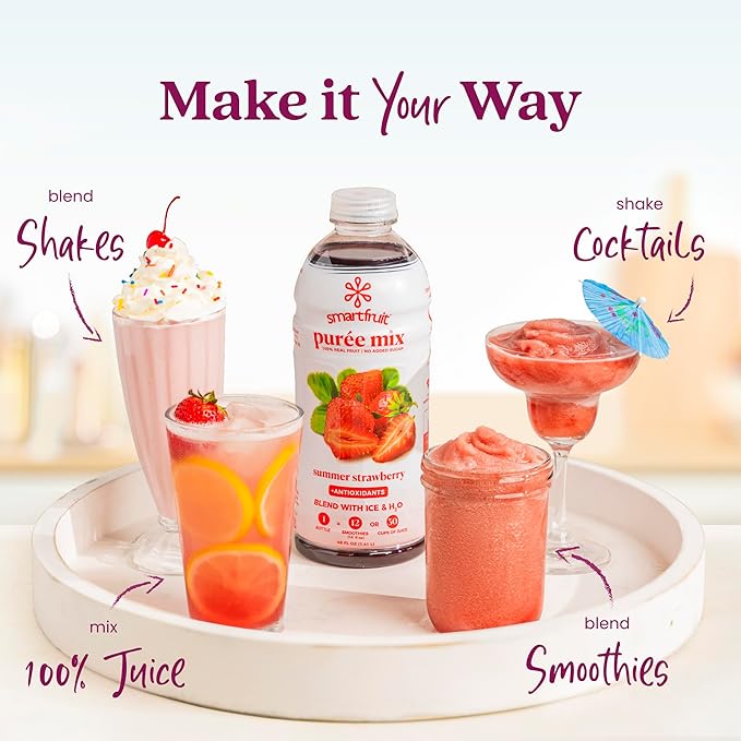 Smartfruit Summer Strawberry + Antioxidants – 100% Real Fruit Purée with Strawberries Apple &amp Pineapple – Great for Smoothies Juice Yogurt Cocktails Teas &amp More – 48oz