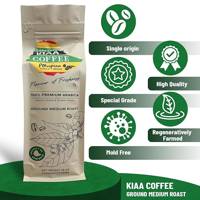 KIAA Ethiopian Premium Ground Coffee Medium Roast - 12oz 100% Organic Arabica Full-Bodied Bold Flavor Rich &amp Smooth Perfect for Espresso French Press &amp Drip Brewing Freshly Roasted