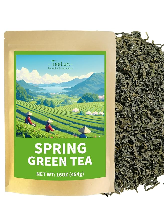TeeLux Green Tea Loose leaf Premium Early Spring Green Tea Fresh &amp Mellow Taste Handpicked Young Leaves &amp Buds 16oz