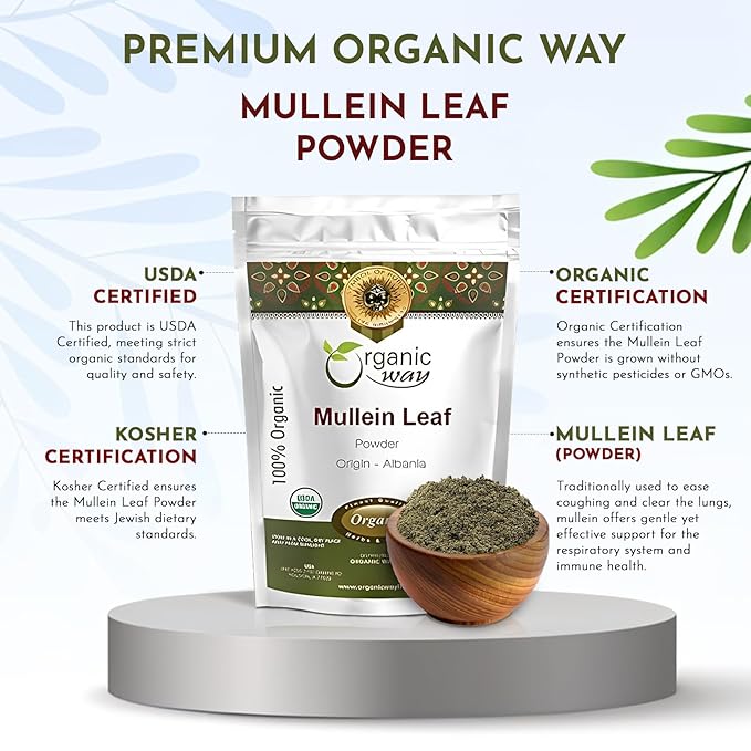 Organic Way Mullein Leaf Powder (Verbascum thapsus) - European Wild-Harvest | Organic &amp Kosher Certified | Vegan Non GMO &amp Gluten Free | USDA Certified | Origin - Albania (16 Oz)