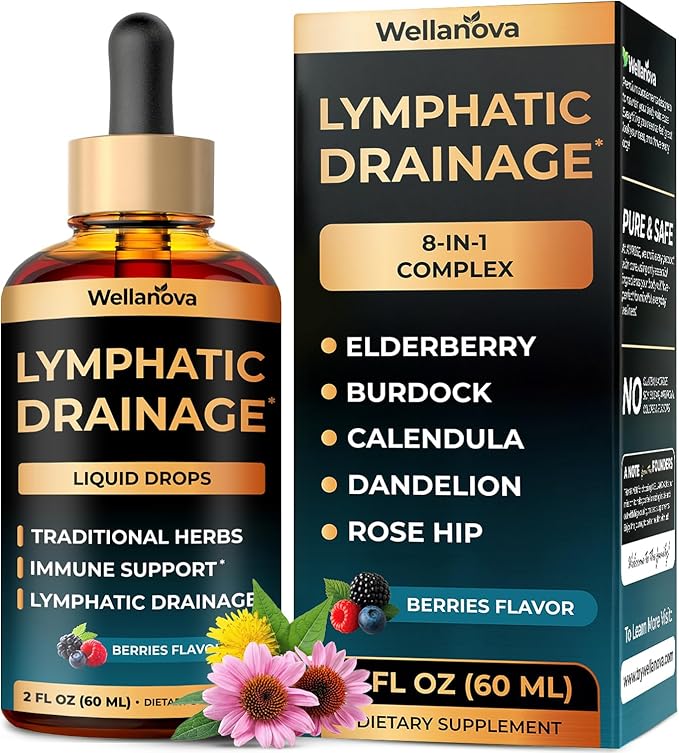 Lymphatic Drainage Supplement - Organic Liquid Drops for Lymphatic Support &amp Detox - 8-in-1 Herbal Blend - Lymphatic Cleanse Complex with Burdock Dandelion Elderberry - 2 fl oz