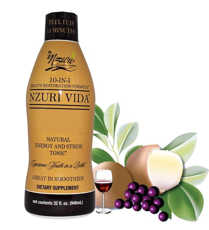 Nzuri Vida All-Natural Energy &amp Stress Support Tonic – 10-in-1 Total Body Restoration Drink with Acai Berry Cupuacu &amp Yerba Mate – Smooth Energy Calm Focus Detox &amp Immune Support 32 OZ