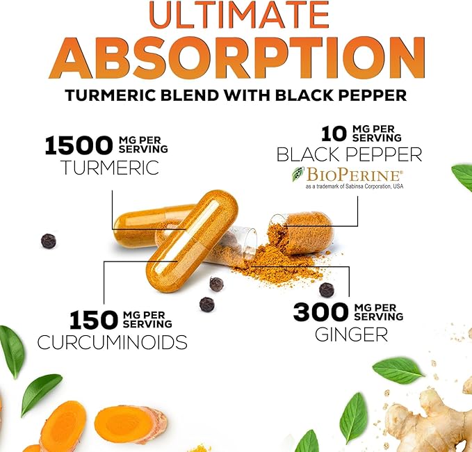 Turmeric Curcumin Supplement - 95% Curcuminoids with Organic Turmeric &amp Ginger BioPerine Black Pepper Extract for Best Absorption Natural Vegan Joint Support Non-GMO Bottled in USA - 180 Capsu