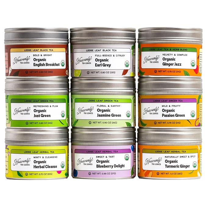 Heavenly Tea Leaves Organic 9 Loose Leaf Tea Sampler Gift Set (Approx. 90 Cups) | Assortment of Black Tea Green Tea Herbal Tea | High to No Caffeine | Great Hot or Iced | Premium Assorted Gift Box