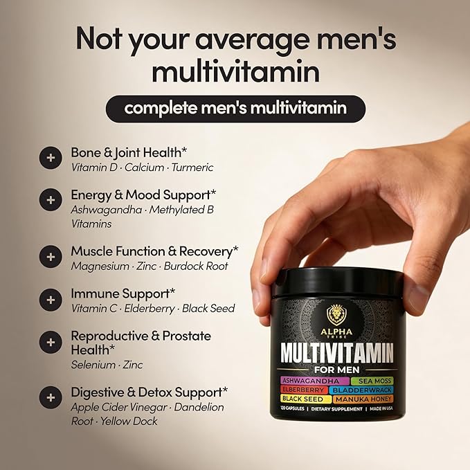 Alpha Tribe Multivitamin for Men with Sea Moss Black Seed Oil Ashwagandha Turmeric Bladderwrack BurdockVitamin C Elderberry Manuka Yellow Dock | Daily Men's Vitamins and Minerals Supplement