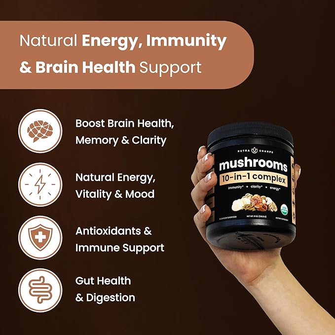 NutraChamps Organic Mushroom Powder - 10-in-1 Complex - Mushroom Supplement Powder Blend for Memory Focus &amp Immune Support - 8oz (8.0 OZ Mushroom Blend)