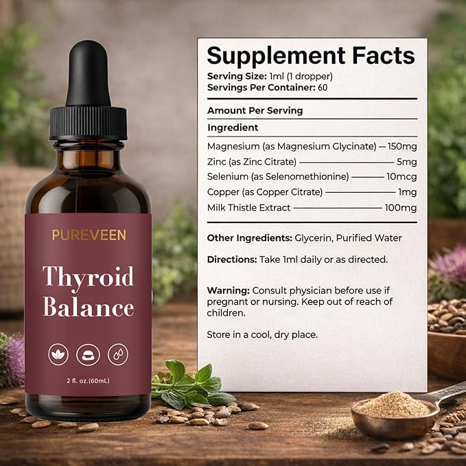 Pureveen Thyroid Balance Thyroid Support Drops for Women Liquid Supplement with Milk Thistle Selenium Zinc Magnesium Daily Wellness &amp Energy Support 60ML