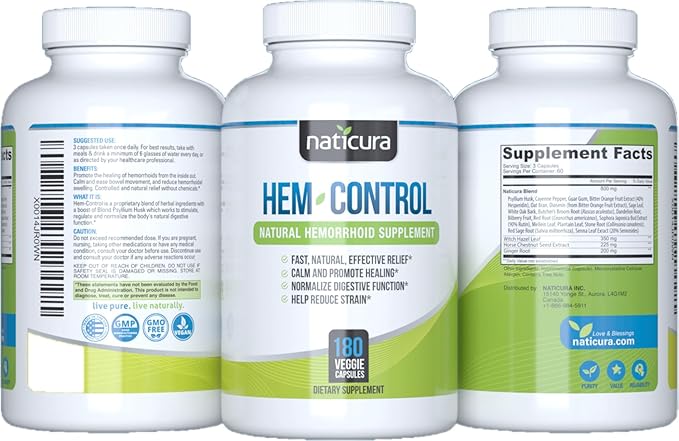 Hem-Control - Fast Effective Hemorrhoid Treatment Supplement - Powerful Formula to Promote Symptom Relief Shrinking of Hemorrhoids Ease Discomfort - 180 Vegan Capsules - Made in USA