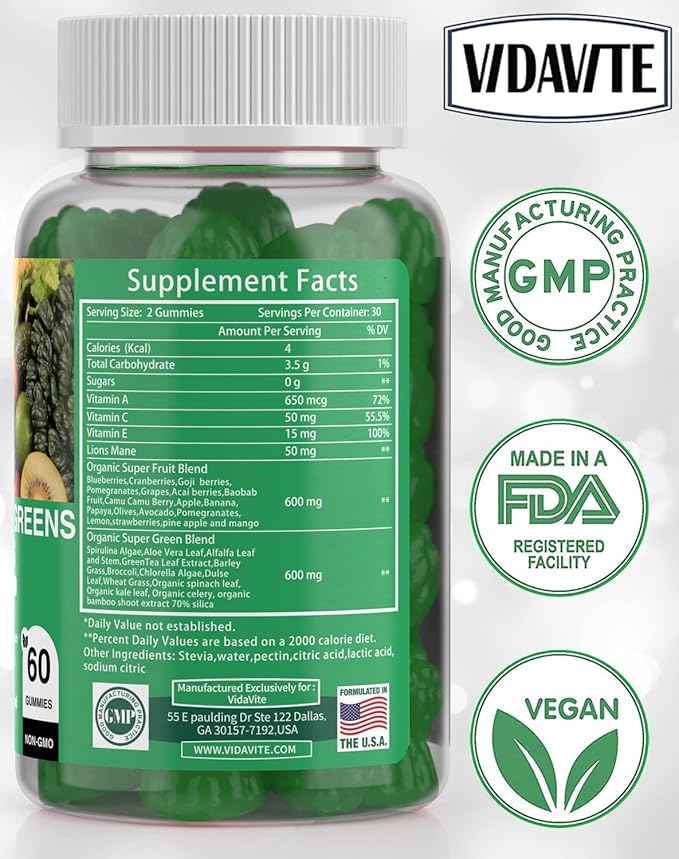 Sugar-free Super Greens Gummies — US-Made 35+ Fruit and Veggie gummies to Boost Immunity Skin &amp Gut Health — Ideal Fruits and Vegetables Supplement for Adults &amp Picky Teens (30-Days Supply)