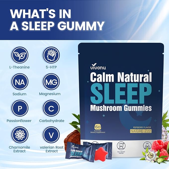VivoNu Melatonin Free Sleep Gummies with L-Theanine Magnesium Reishi Mushroom | Non-Habit Forming Sleep Aid | Non-GMO Sleep Support Gummy for Women &amp Men | Raspberry Flavor