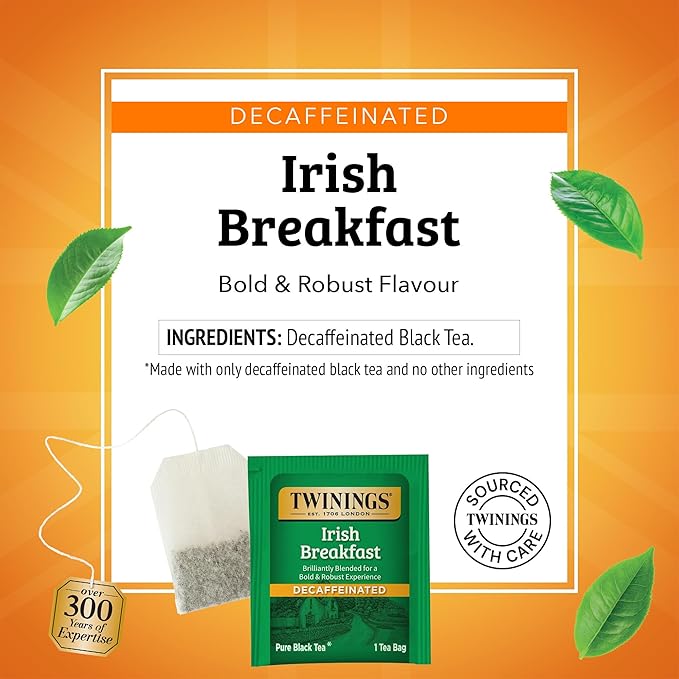 Twinings Decaffeinated Irish Breakfast Black Tea Individually Wrapped Bags 20 Count (Pack of 6) Flavourful Robust Enjoy Hot or Iced 120 Teabags