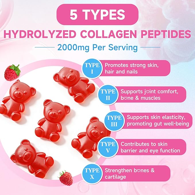 2 Pack Collagen Peptide Gummies for Women &amp Men Collagen Protein Type IIIIIIVX with Biotin Vitamin C D Hydrolyzed Collagen Supplement for Skin Hair Nails Raspberry Flavor 120 Count
