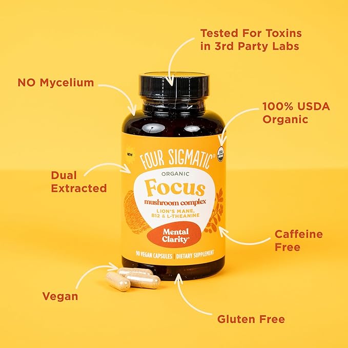 Four Sigmatic Focus Capsules | Lion's Mane Supplement Capsules | Brain Boosting Complex with Ashwagandha Bacopa Monnieri &amp Rhodiola | Vegan Nootropic Adaptogen &amp Mushroom Supplement | 30 Serv