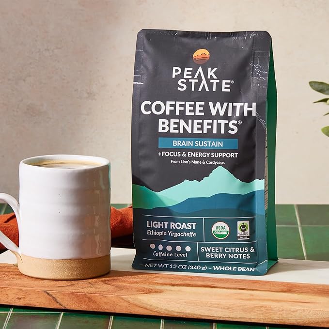 Peak State Coffee with Benefits 3 Bag Variety Pack – Mushroom Coffee Low Acid &amp Smooth Immunity Boost Brain Sustain &amp Stress Less Organic Whole Bean Gluten Free 12 oz. Each