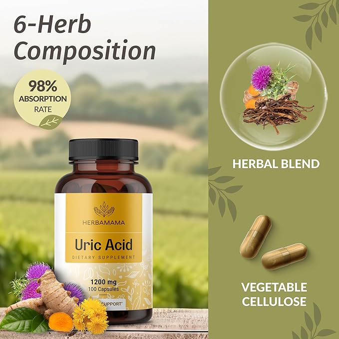 HERBAMAMA Uric Acid Cleanse Capsules - 1200mg Uric Acid Support Formula with Tart Cherry Milk Thistle &amp Celery Root - Vegan Non-GMO Supplement