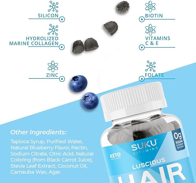 SUKU Vitamins - Luscious Hair - Silicon Biotin and Hydrolyzed Marine Collagen Gummies for Skin Hair &amp Nails - Easy to Chew - Non GMO Gluten Sugar Free - Blueberry Flavored Gummy Vitamins - 50 Co