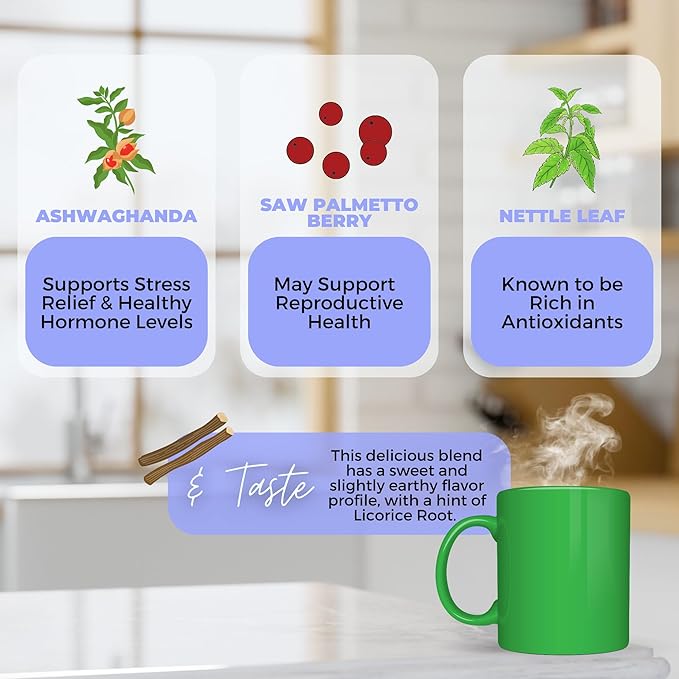 Healthy Hormone Balance Loose Leaf Tea For Him w/ Ashwagandha Saw Palmetto Berry | Organic Herbal Tea | 2 oz (57 gram) | Decaf Vegan Healthy No Caffeine Organic Herbs No Natural or Artificial F