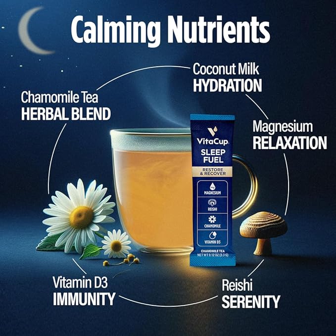 VitaCup Sleep Fuel Instant Tea Packets for Deep REM Sleep Relax &amp De-Stress w/Chamomile Magnesium Vitamin D3 Coconut Water Coconut Milk Potassium Calming for Full Body Relaxation 24Ct