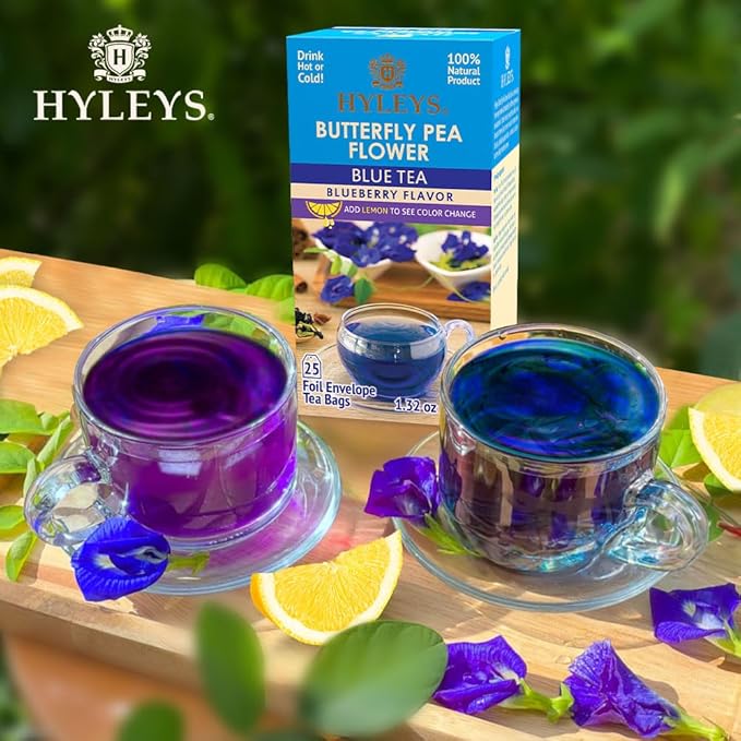 Hyleys Butterfly Pea Flower Tea – Blue Tea with Natural Blueberry Flavor – 25 Tea Bags – Green Tea Chamomile Cinnamon Lemongrass (12 Pack - 300 Tea Bags Total)
