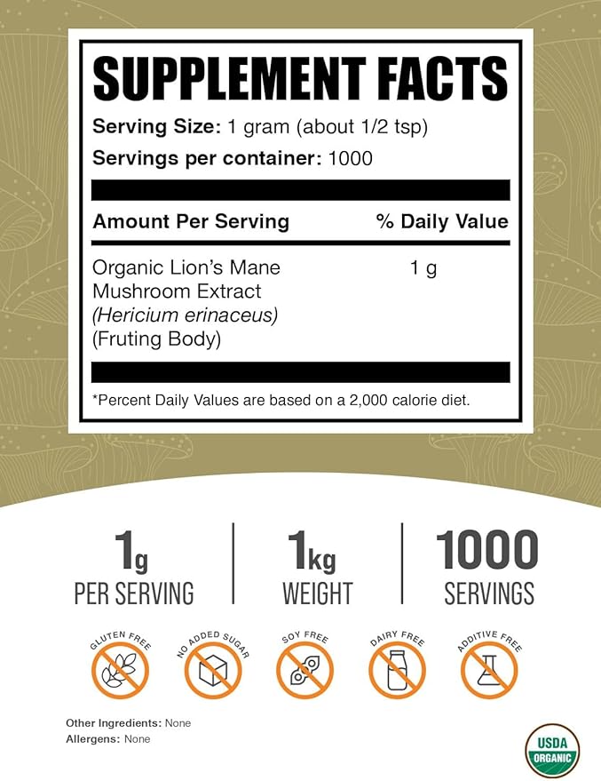 BulkSupplements.com Organic Lion's Mane Mushroom Extract Powder - Lions Mane Supplement Powder Superfood for Well-Being - Vegan 1g per Serving 1kg (2.2 lbs) (Pack of 1)