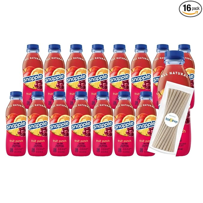Snapple Fruit Punch All Natural Fruit Juice 16 fl oz Plastic Bottle 16 Pack + 15 Sugarcane Disposable Straws by KOOL8SHOP Infinite Deals