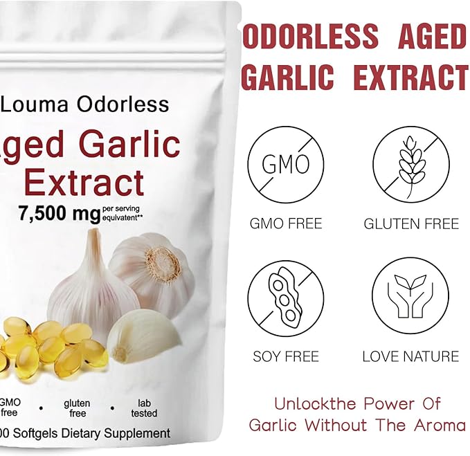 1PCSLouma Odorless Aged Garlic Aged Garlic Extract - 300 Count 7500mg 24 Month Organic Aged Garlic Supplement- Non-GMOVegetarian (1PCS)