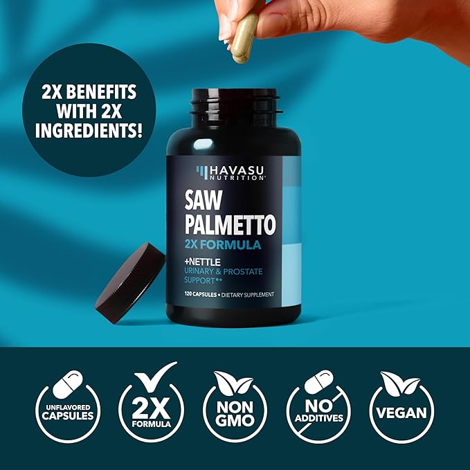 Saw Palmetto with Stinging Nettle Capsules - 2X Prostate Support Supplement for Men’s Health - 120 Count - DHT Blocker for Urinary Tract Function and Hair - Vegan Non-GMO - 2 Month Supply