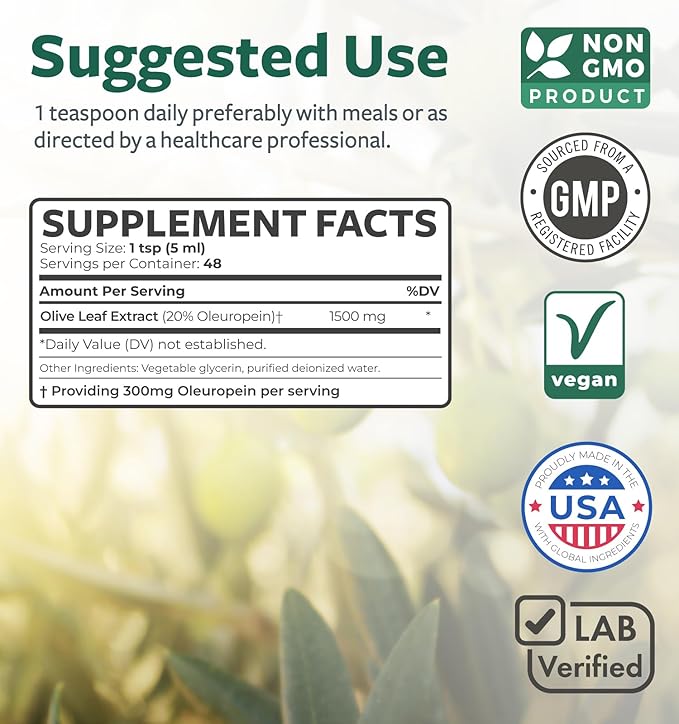 Olive Leaf Extract (Non-GMO) Super Strength: 20% Oleuropein - 1500mg - Vegetarian - Immune Support Supplement Skin Health and Powerful Antioxidants Supplement - Liquid Extract - 8 Fl Oz