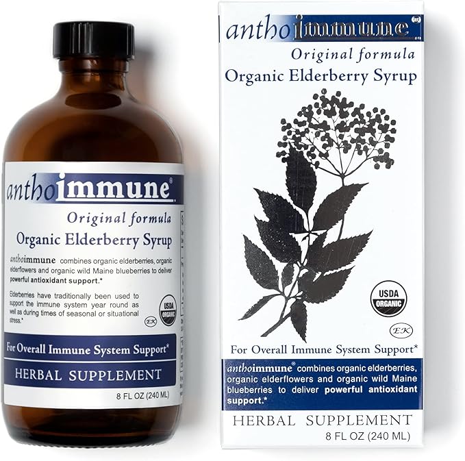 Organic Elderberry Syrup - Anthoimmune - Immune Support Supplement for Adults and Kids- USDA Organic Ultra-Premium Black Elderberry Formula (8 oz) 48 Servings
