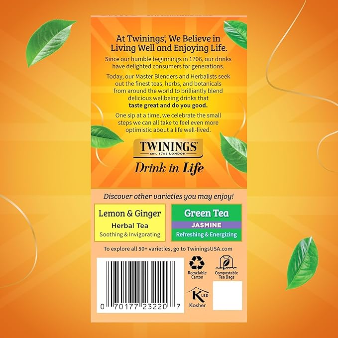 Twinings Peach &amp Orange Herbal Tea Individually Wrapped Bags 20 Count (Pack of 6) Juicy &amp Fruity Naturally Caffeine-Free Enjoy Hot or Iced 120 Teabags