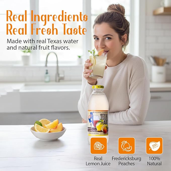 Texas mADE Fredericksburg Peach Lemonade Lemonade Made with Pure Cane Sugar and Peach Flavor No Preservatives Texas Crafted Lemonade 16 fl oz Pack of 12