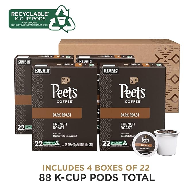 Peet's Coffee Dark Roast Keurig K-Cup Pods 100% Arabica Coffee - French Roast 88 Count (4 Boxes of 22 Pods)